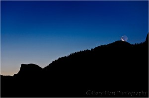 Gary Hart Photography: Lunar Kiss, Crescent Moon Over Half Dome and Sentinel Dome, Yosemite