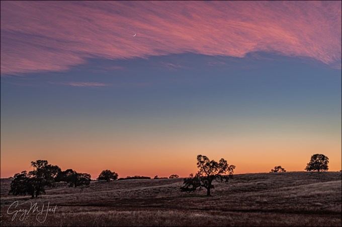 Gary Hart Photography: Sunset Accent, Crescent Moon and Oaks, Sierra Foothills 